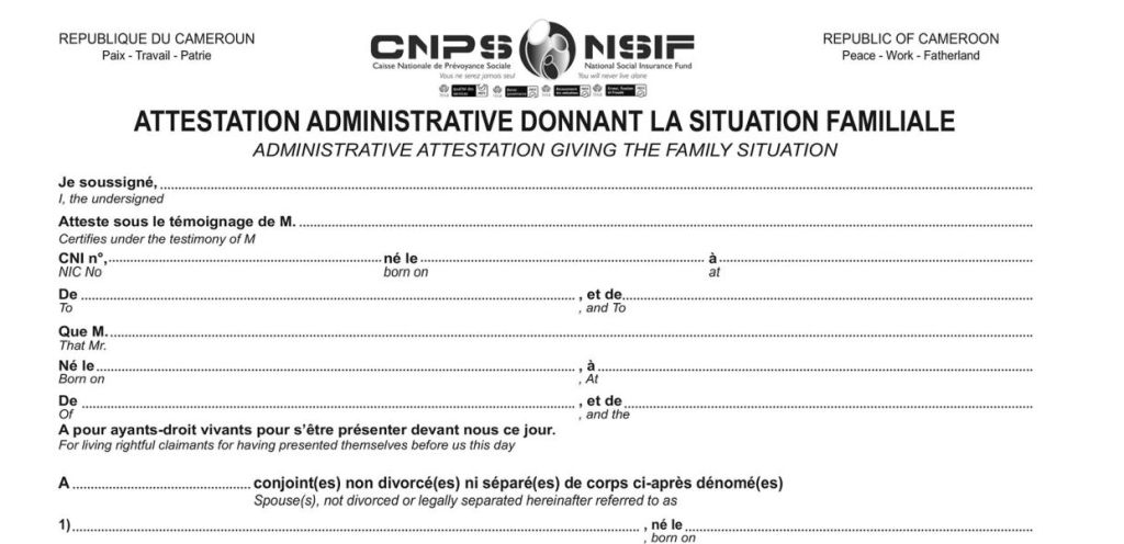 Attestation administrative donnant la situation familiale, CNPS Cameroun, PDF