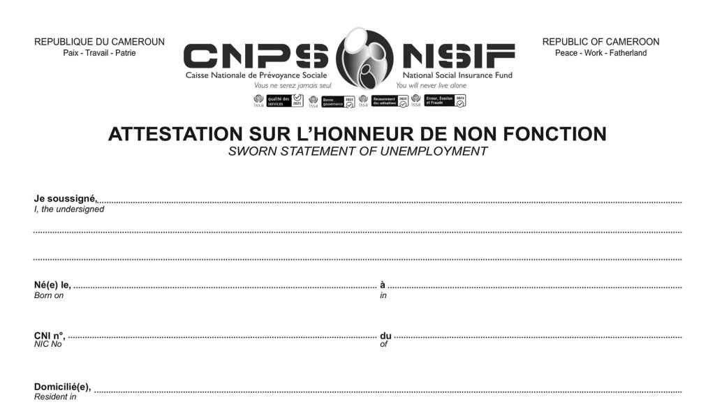 Attestation sur Honneur Non Fonction, CNPS Cameroun, PDF