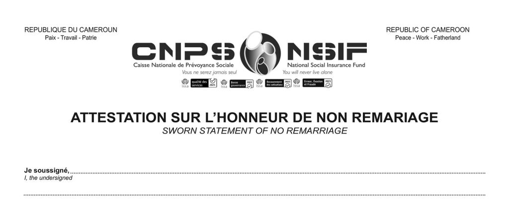 Attestation sur Honneur de Non Remariage, CNPS Cameroun, PDF