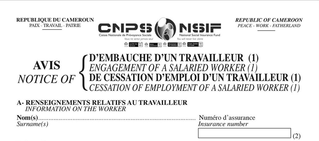 Avis d’embauche d’un travailleur de cessation d’emploi d’un travailleur, CNPS Cameroun, PDF